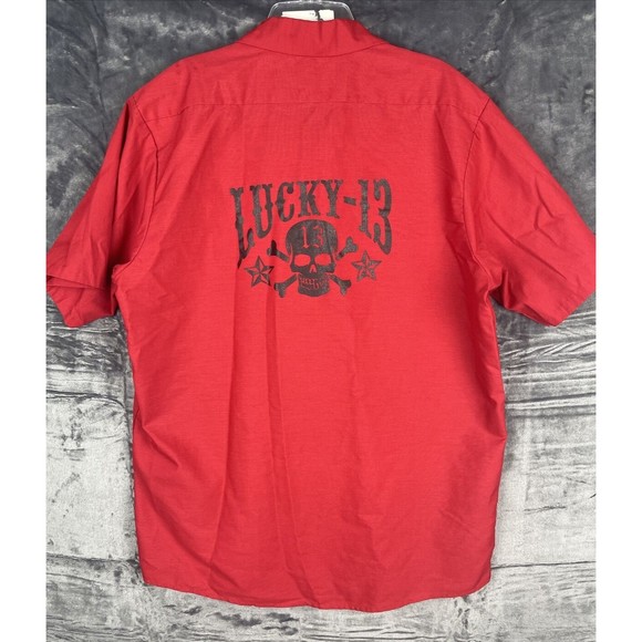 Vintage Lucky 13 Button Up Shirt Size L Red With Black Skull Design - Picture 3 of 10